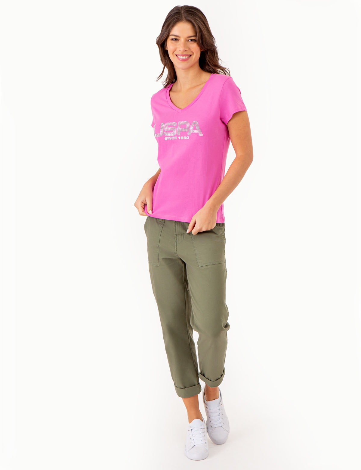 Stud Embellished V-Neck T-Shirt | USPA