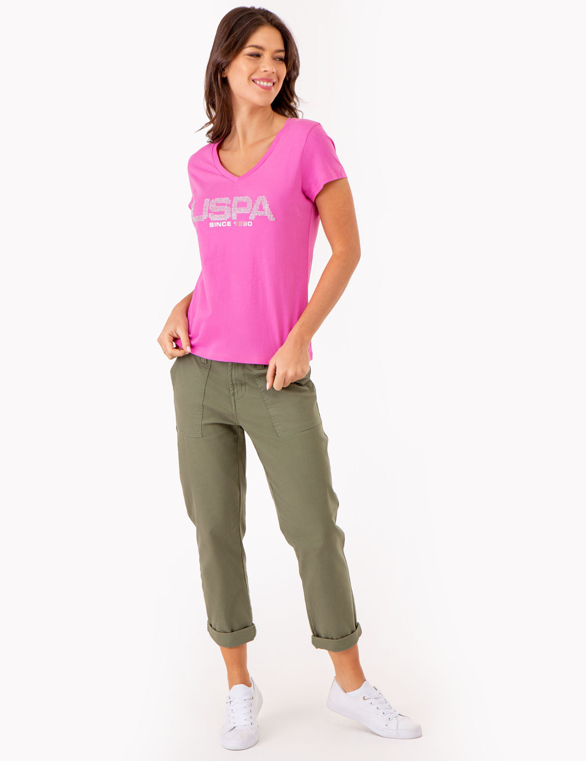 Stud Embellished V-Neck T-Shirt | USPA