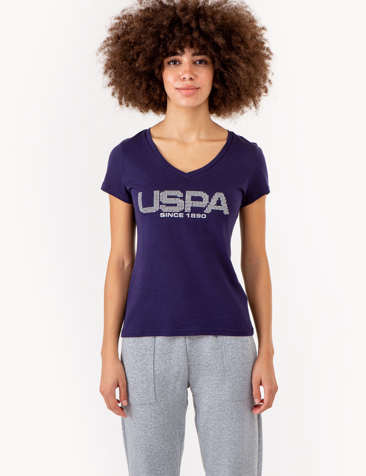 Stud Embellished V-Neck T-Shirt | USPA