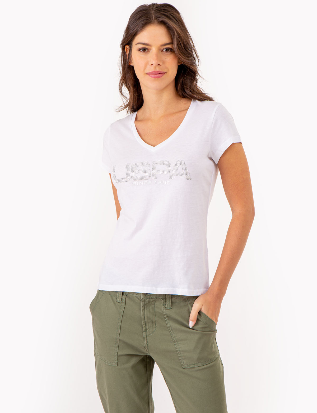 Stud Embellished V-Neck T-Shirt | USPA
