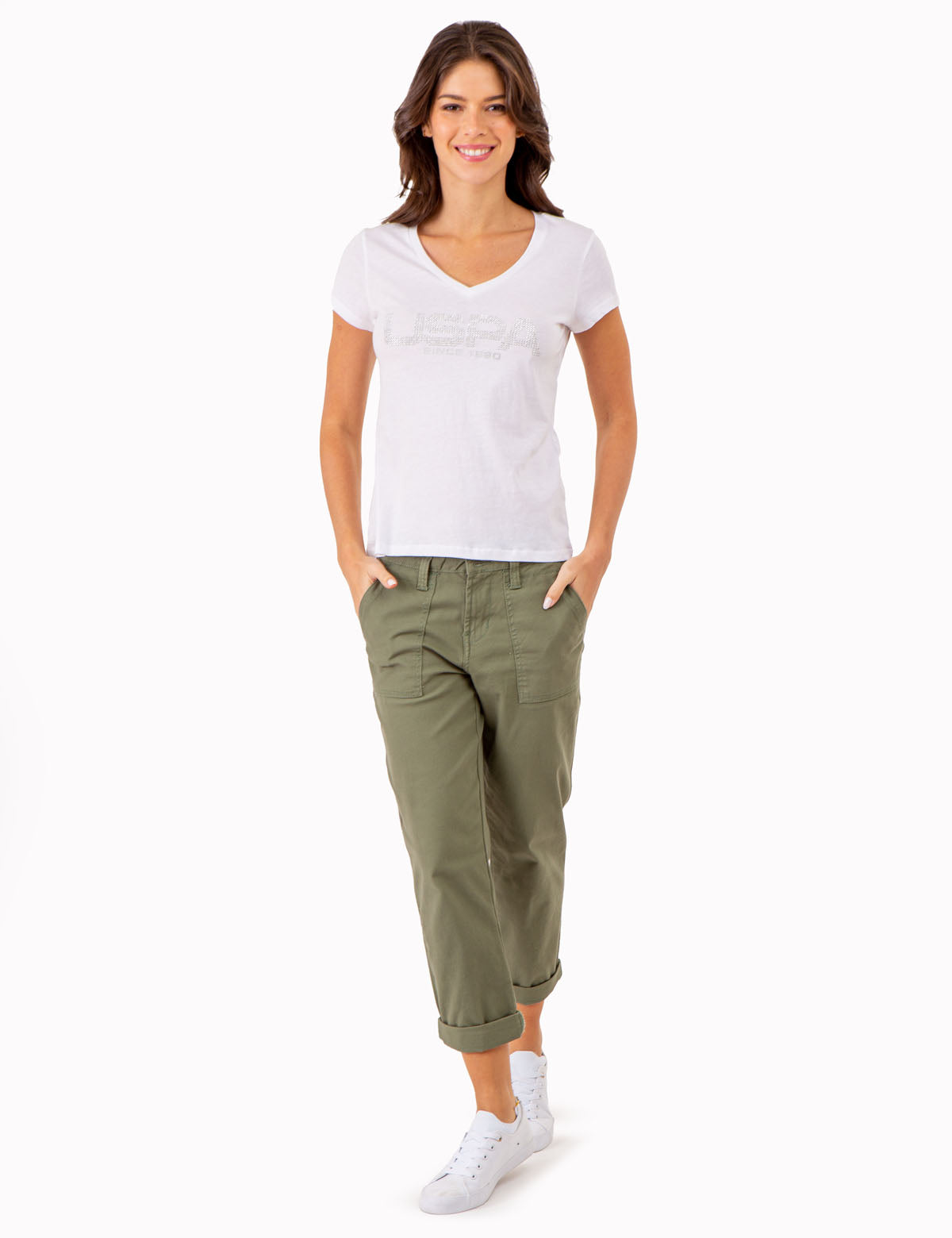 Stud Embellished V-Neck T-Shirt | USPA