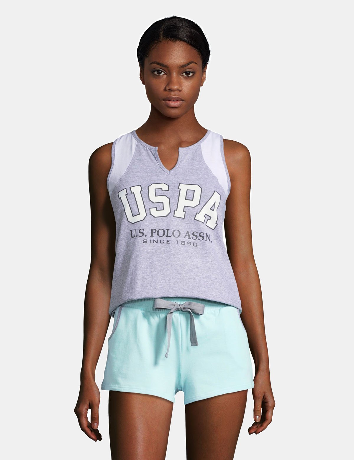 USPA Cotton Tank & Shorts Set with V-Neck & Elastic Waistband