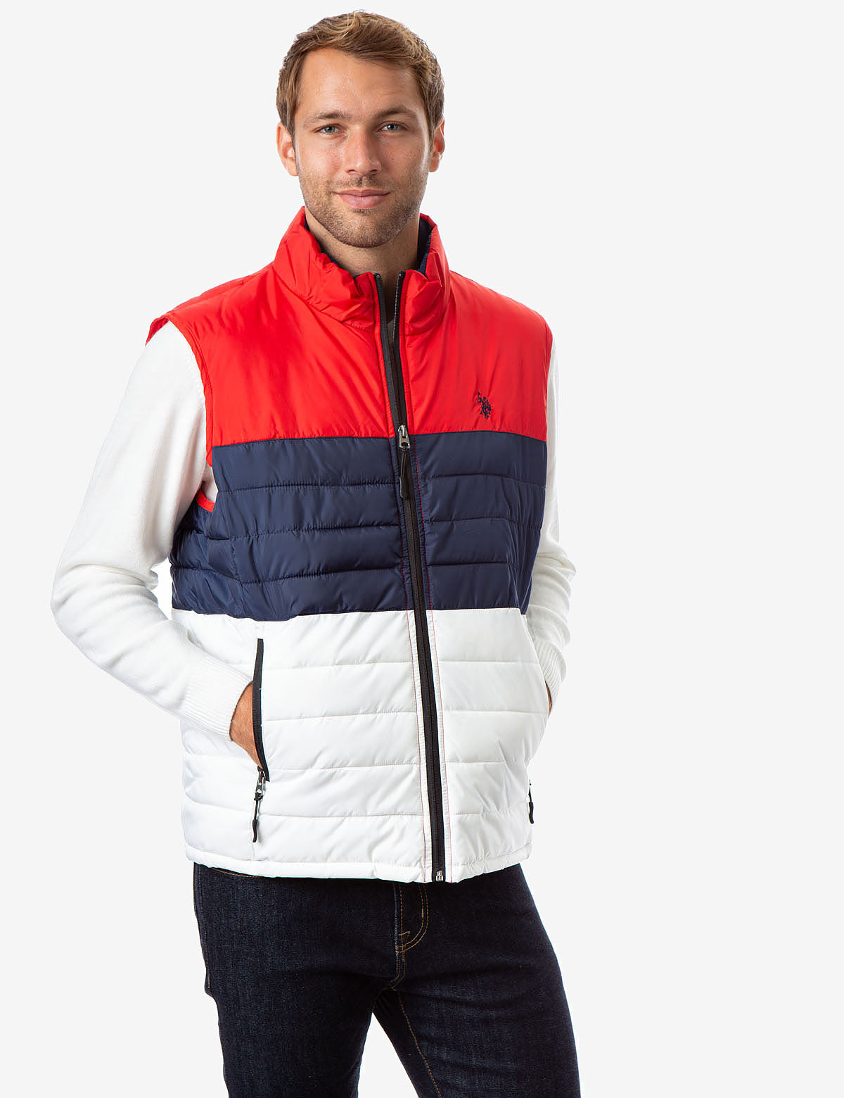 Colorblock Vest with Zipper Pockets & Stand Collar | USPA Tricolor