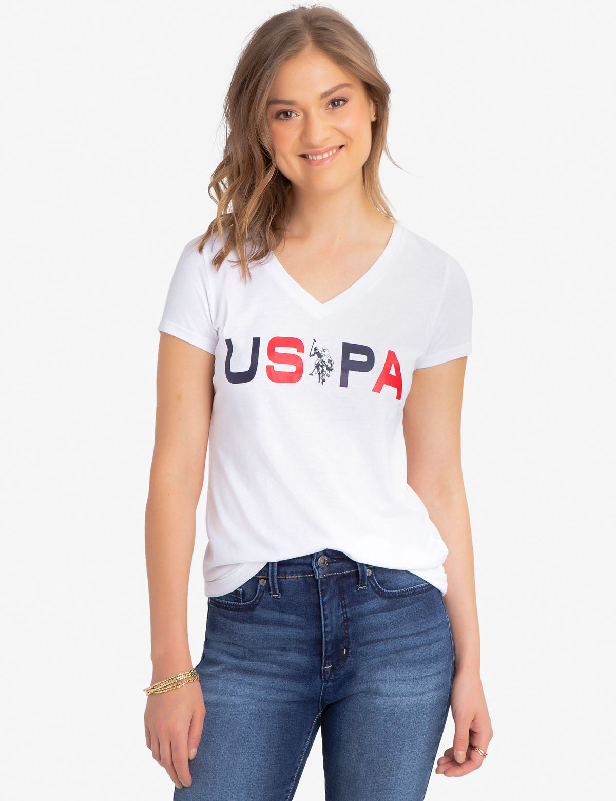 V-Neck Cotton T-Shirt with Red, White & Blue Logo | USPA