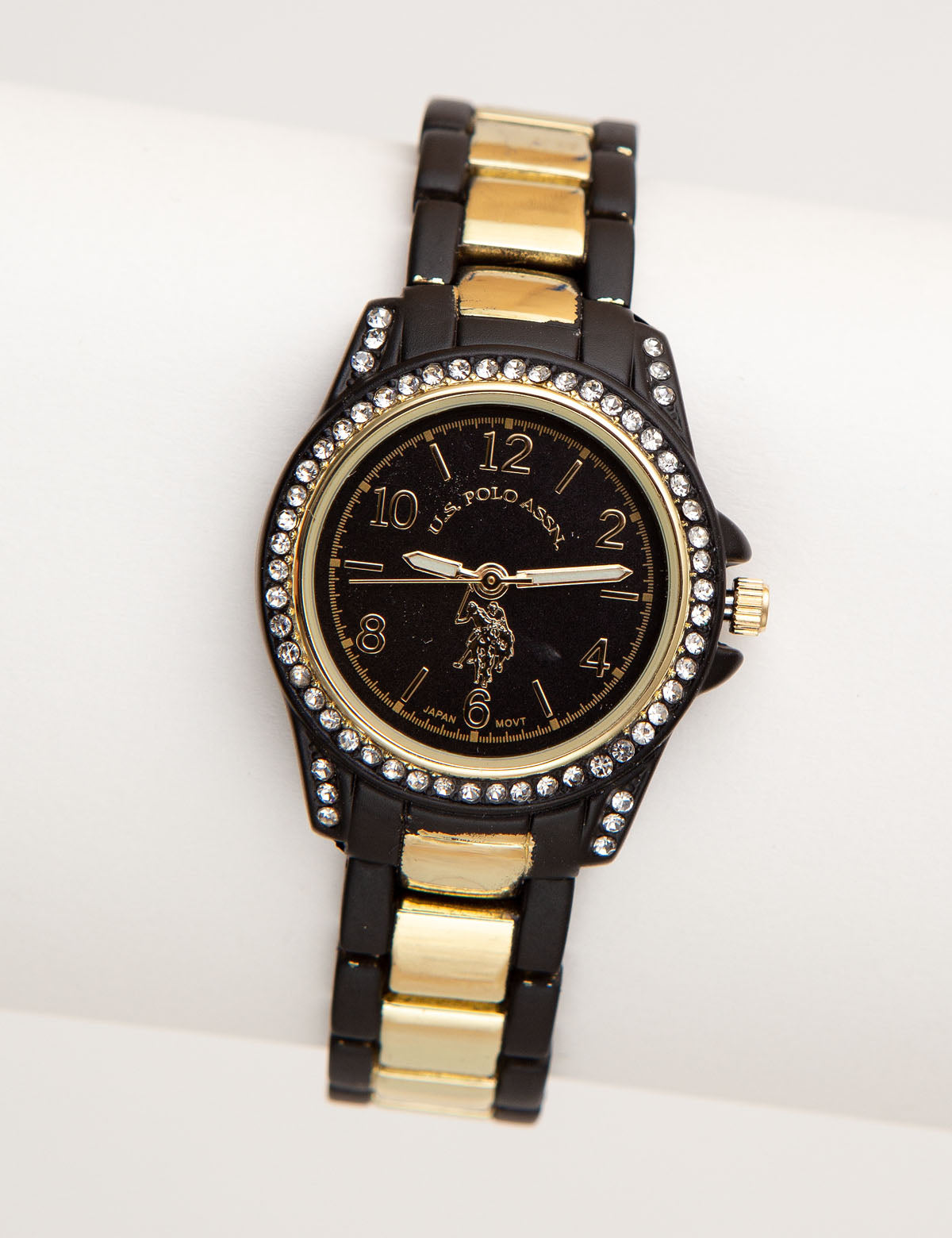 Women's Rhinestone Watch with Adjustable Strap | USPA Black & Gold Tone