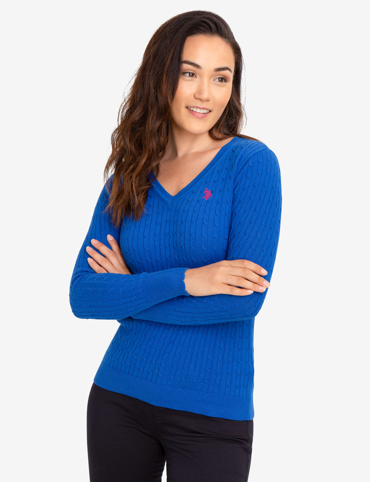 V-Neck Cable Knit Cotton Sweater | Machine Washable