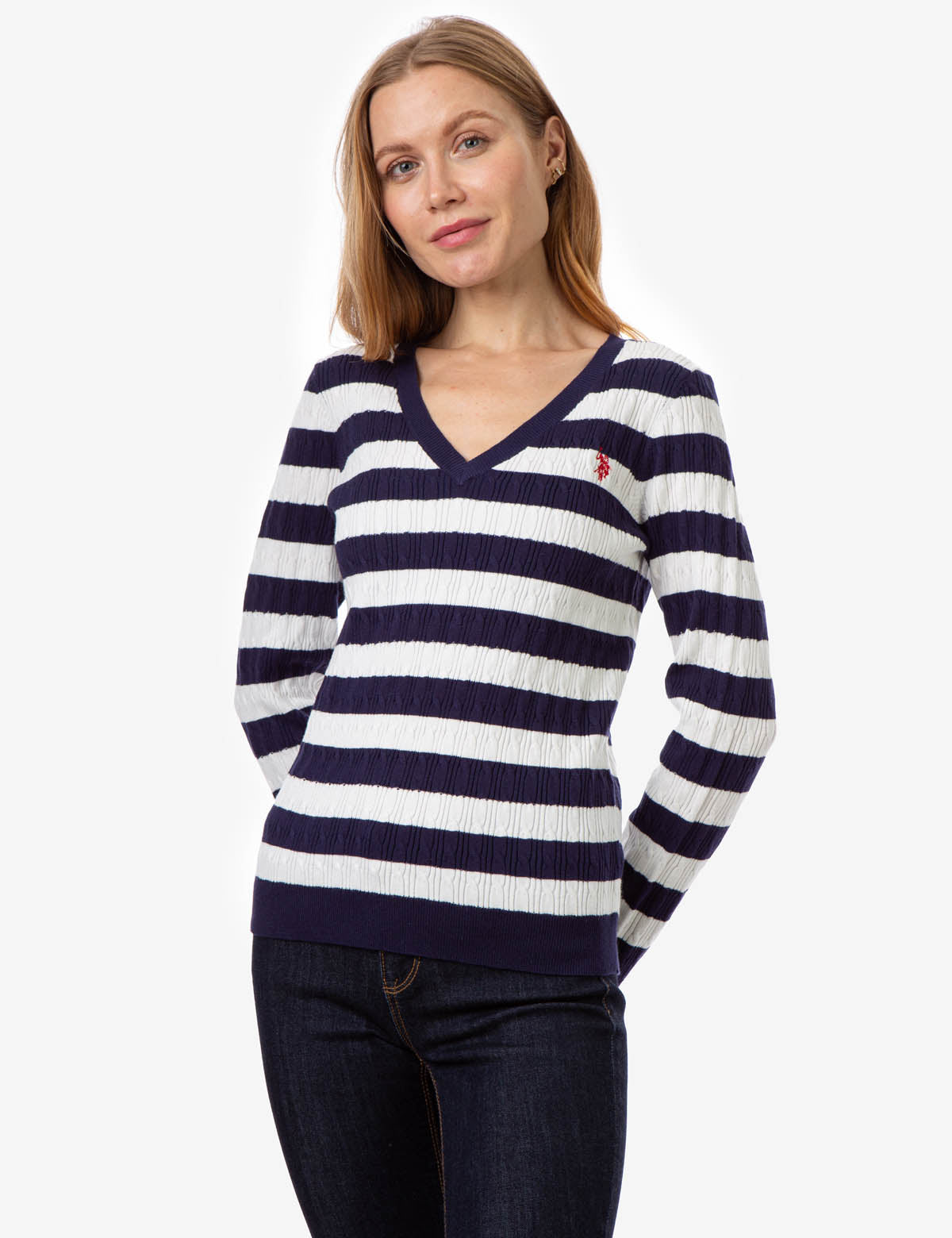 V-Neck Cable Knit Sweater with Stripes | Long Sleeve Casual Pullover