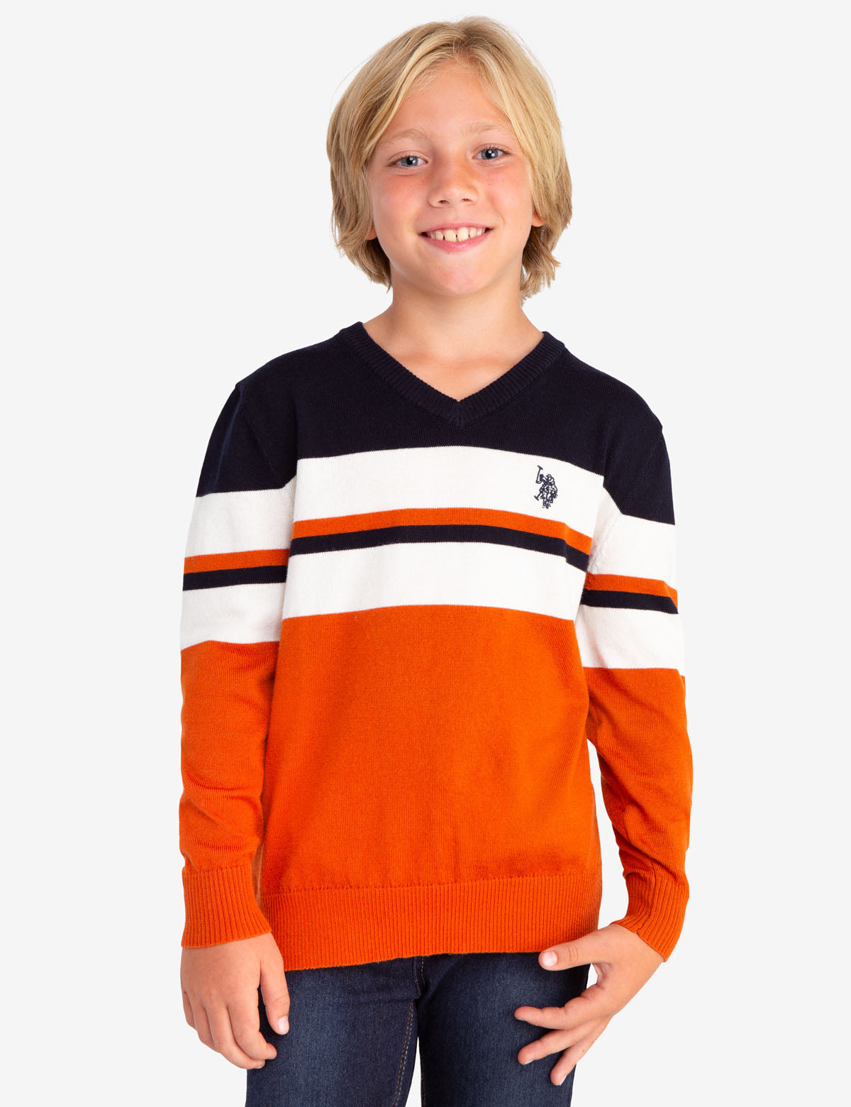 V-Neck Striped Sweater with All-Way Stretch | Machine Washable