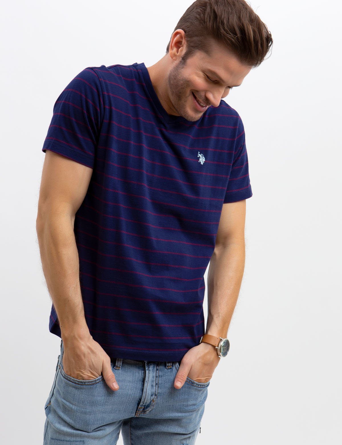 V-Neck Striped T-Shirt with Embroidered Logo | Short Sleeve Tee