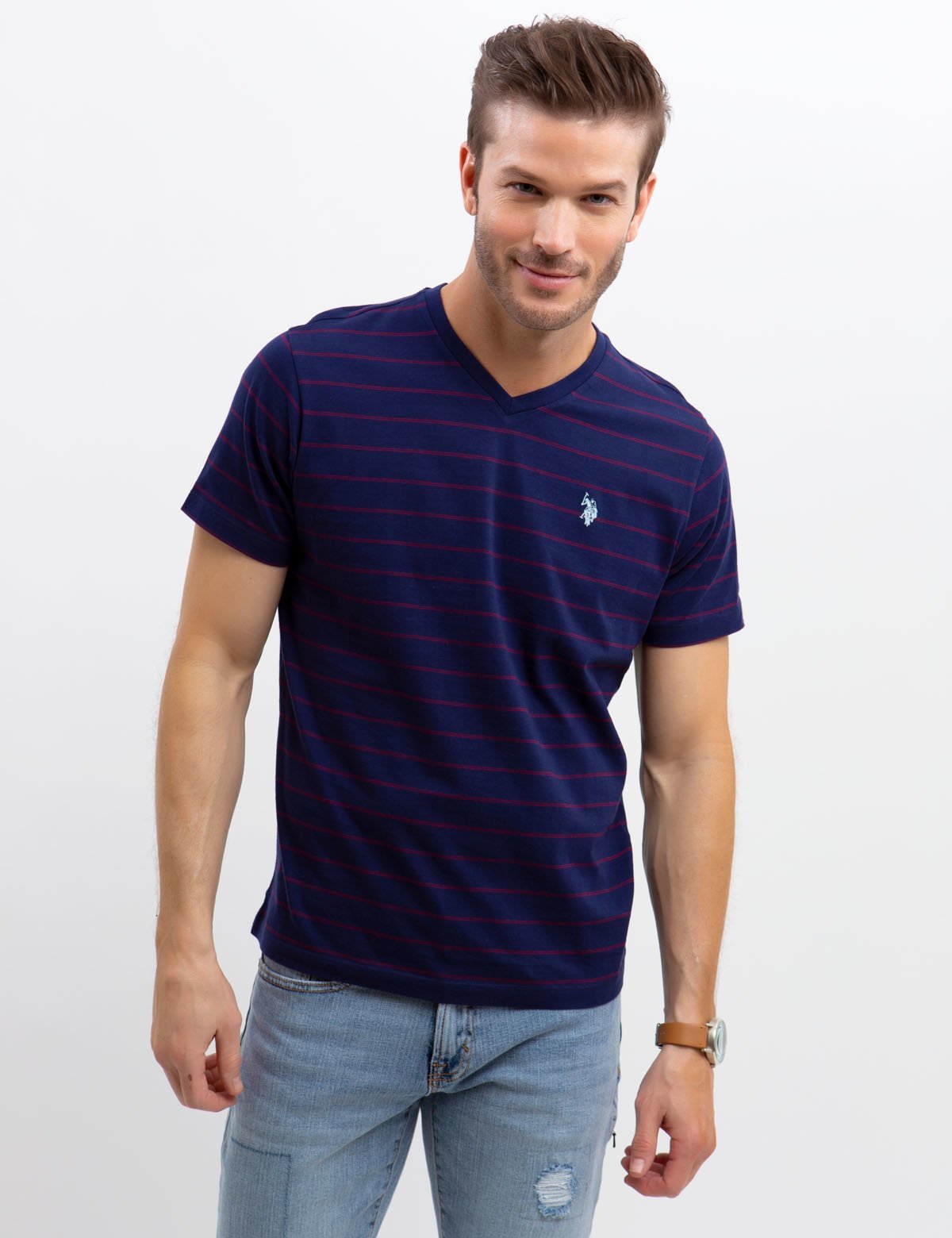 V-Neck Striped T-Shirt with Embroidered Logo | Short Sleeve Tee