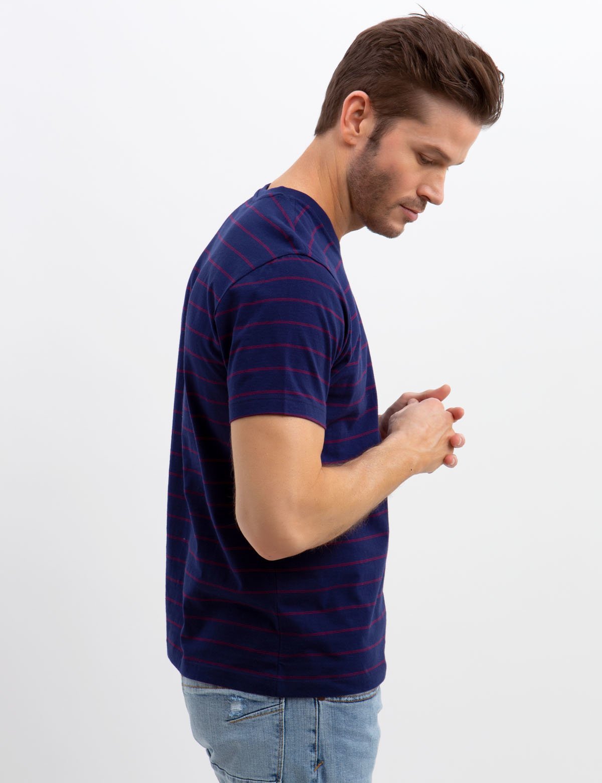 V-Neck Striped T-Shirt with Embroidered Logo | Short Sleeve Tee
