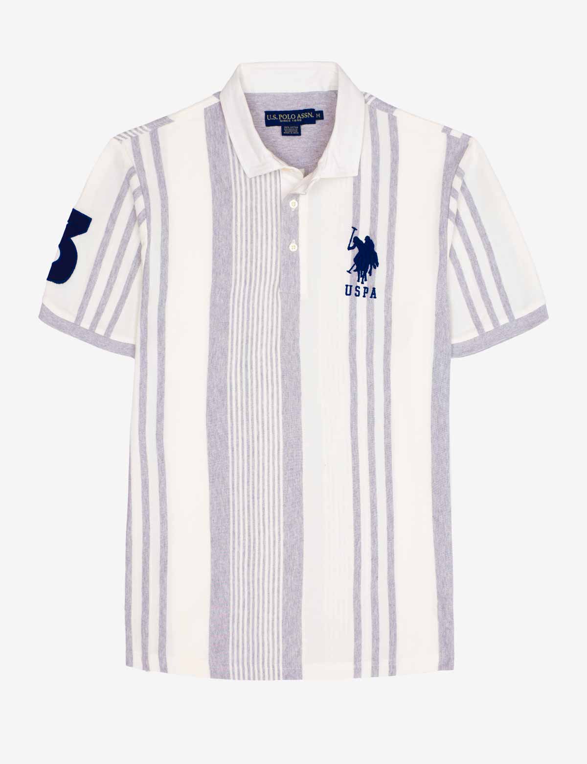 Vertical Stripe Polo Shirt with Button Placket & Applique | Retro Style