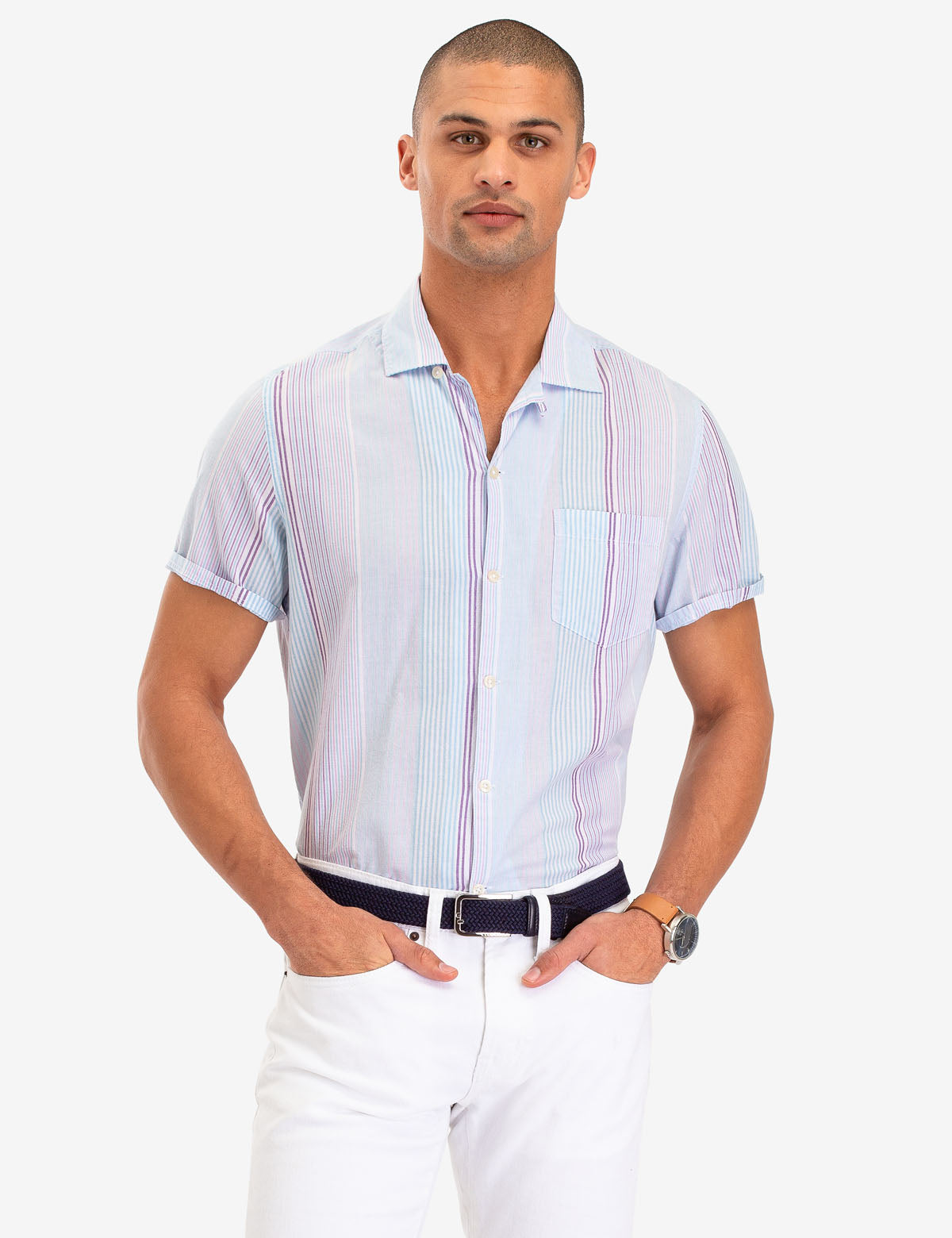 Retro Stripe Short Sleeve Shirt | Button-Up Cotton Casual Wear