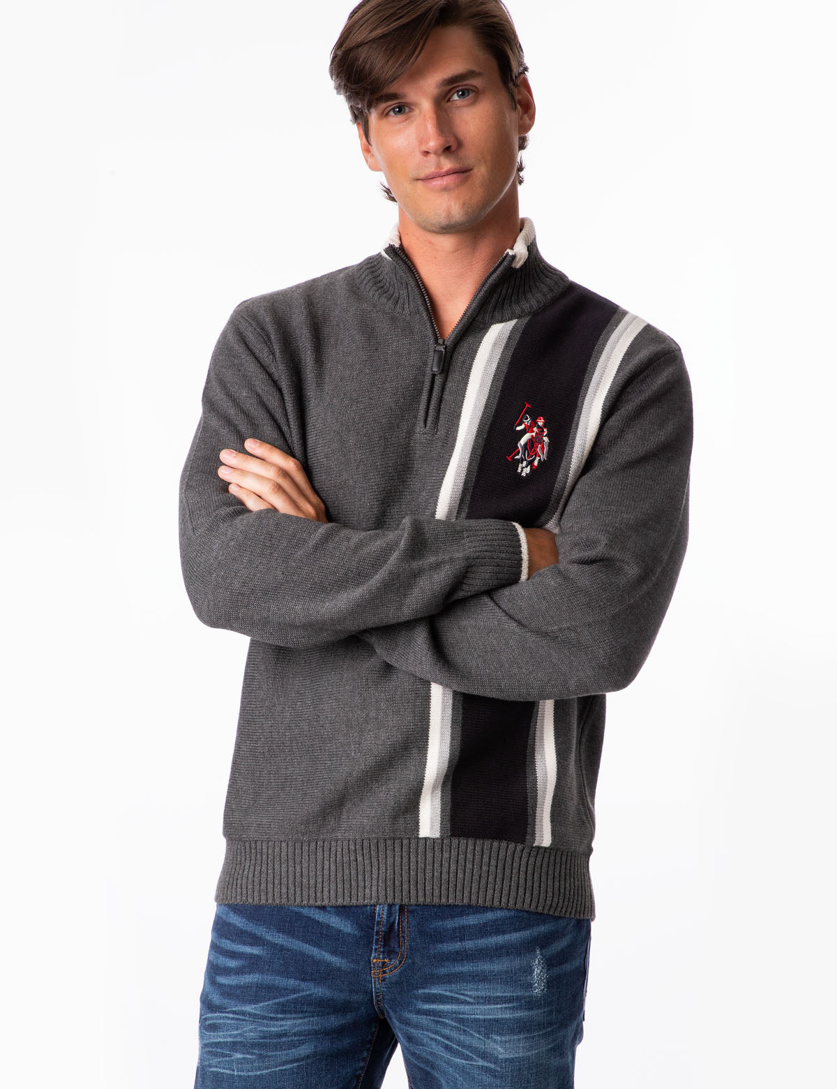 Vertical Stripe Quarter Zip Sweater with Ribbed Trim | Casual Pullover