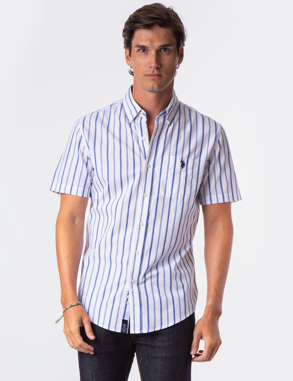 Vertical Stripe Poplin Shirt with Short Sleeves & Pocket | USPA