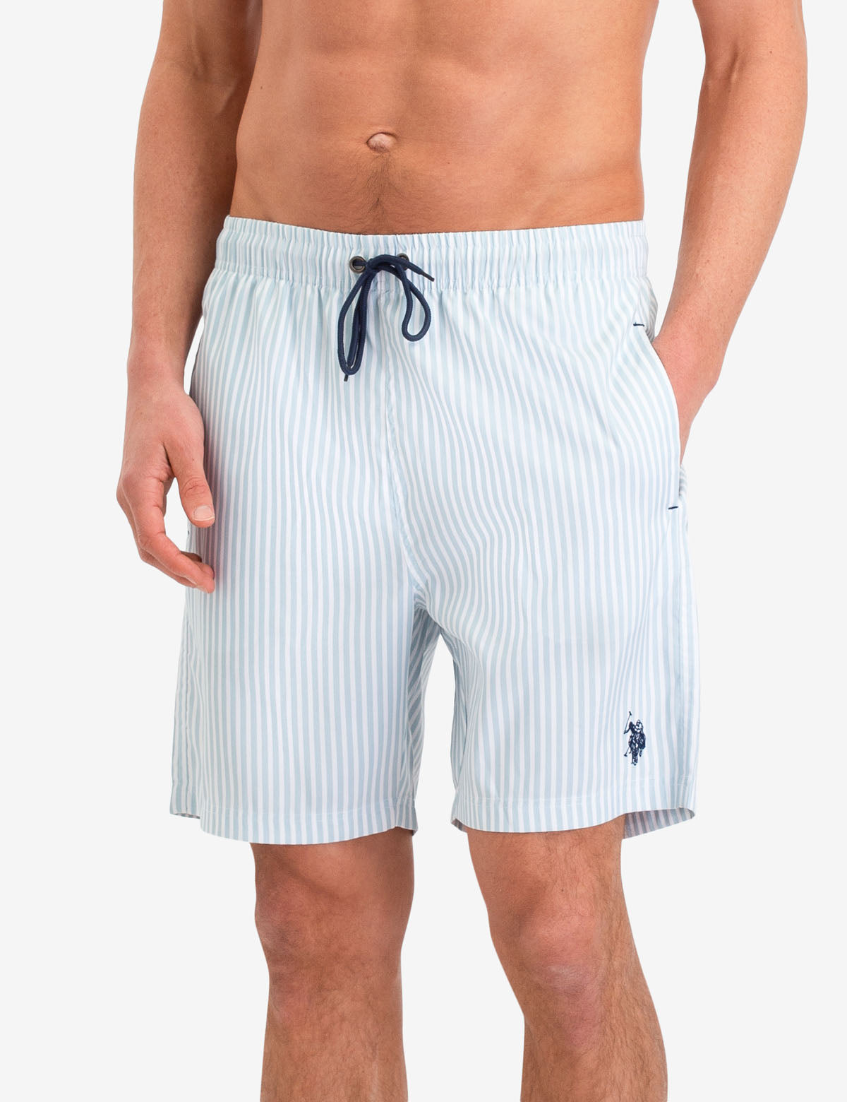 Vertical Stripe Swim Trunks with Drawstring Waist & Pockets