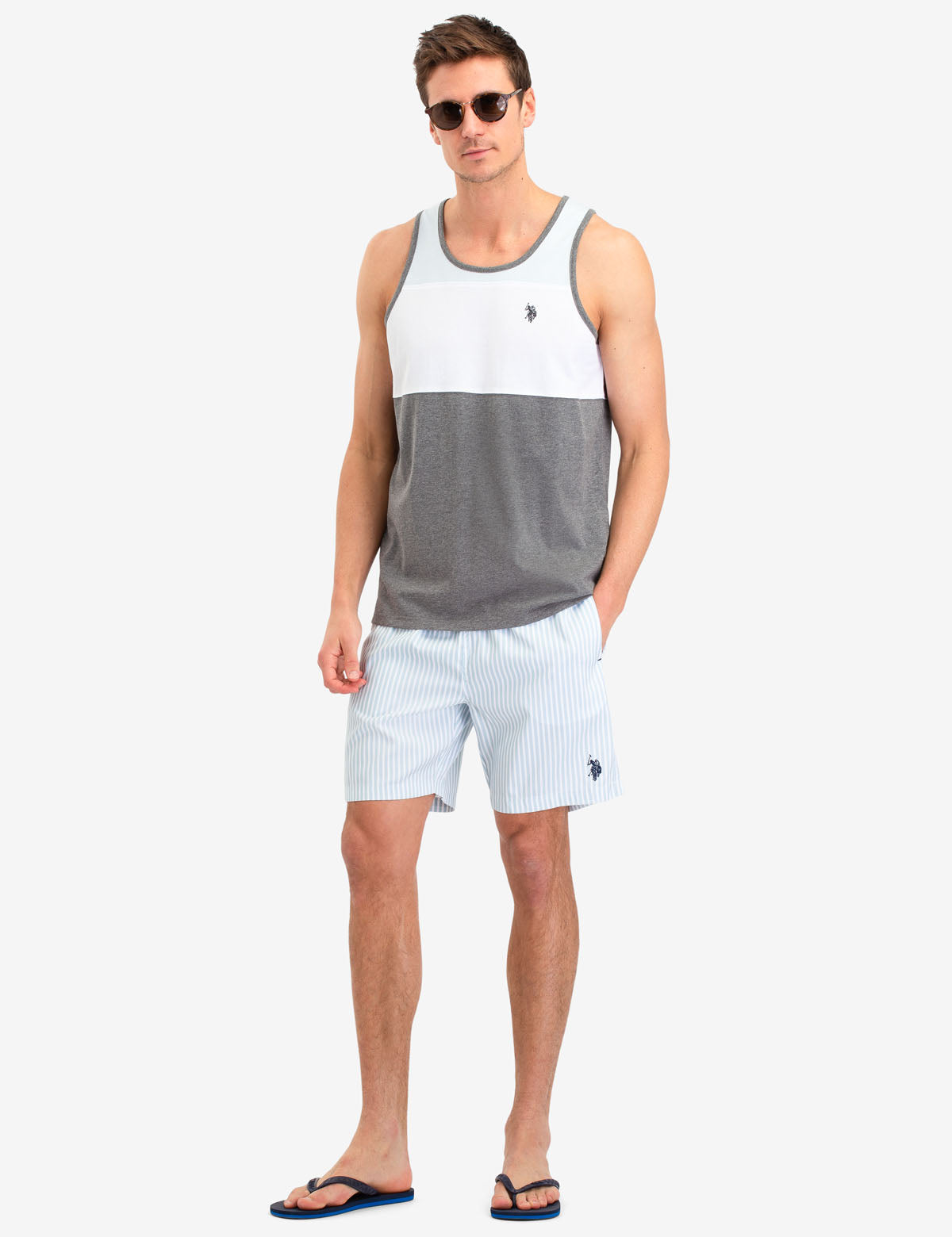 Vertical Stripe Swim Trunks with Drawstring Waist & Pockets