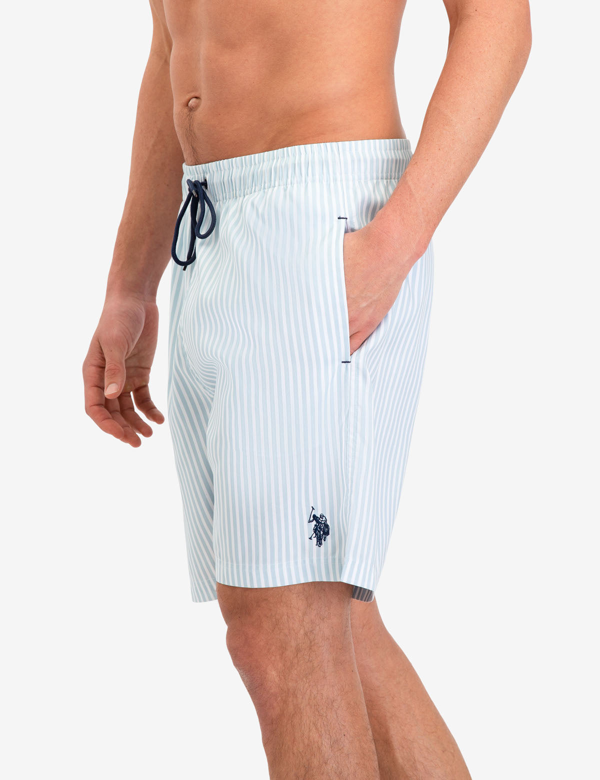 Vertical Stripe Swim Trunks with Drawstring Waist & Pockets