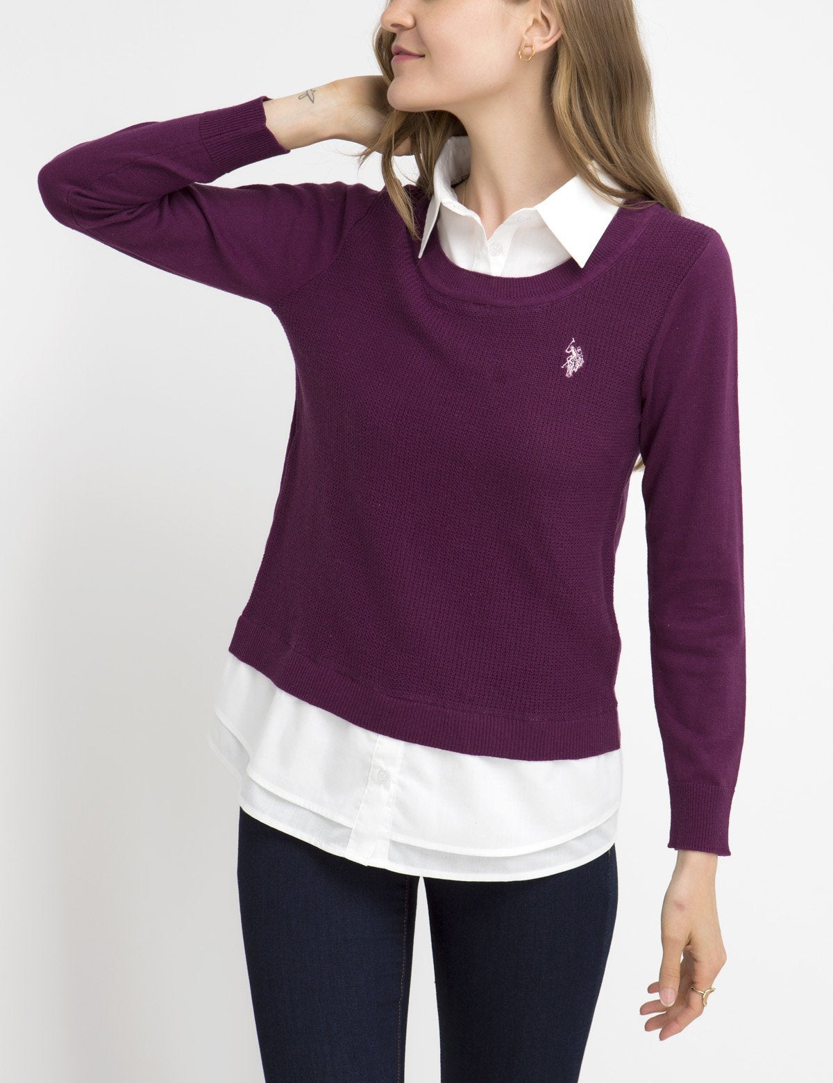 Waffle Knit Sweater with Long Sleeves & Rib Cuffs | Twofer
