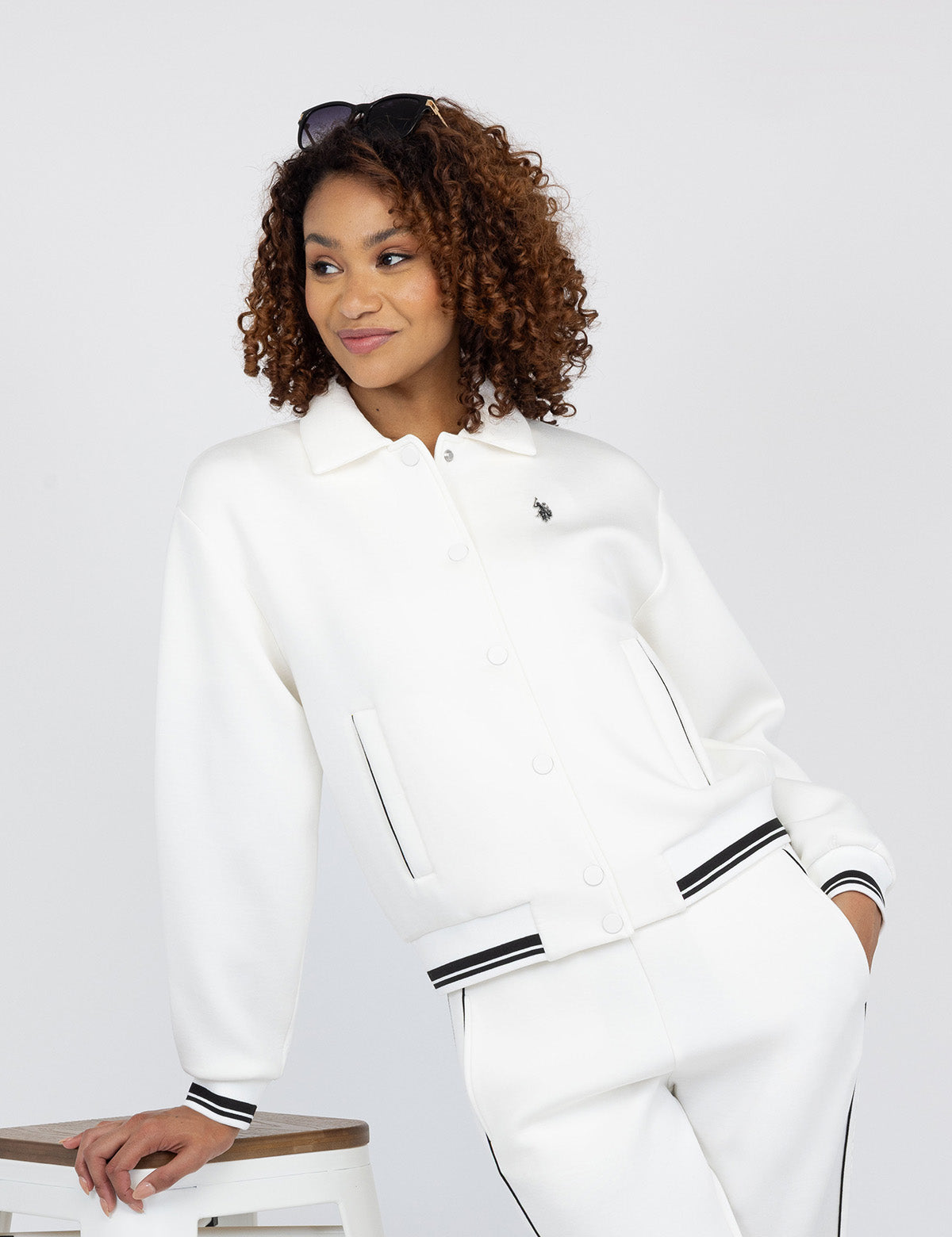 White Snap Collar Bomber Jacket | Classic Aviator Style