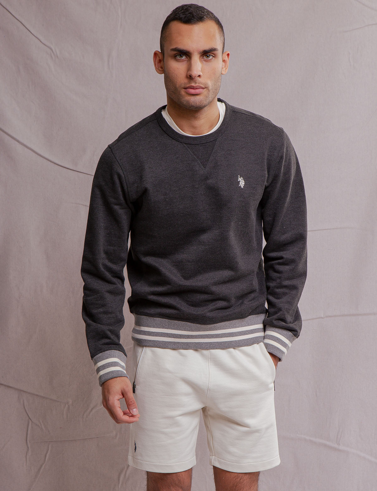 French Terry Crew Neck Pullover with Ribbed Cuffs | White Label