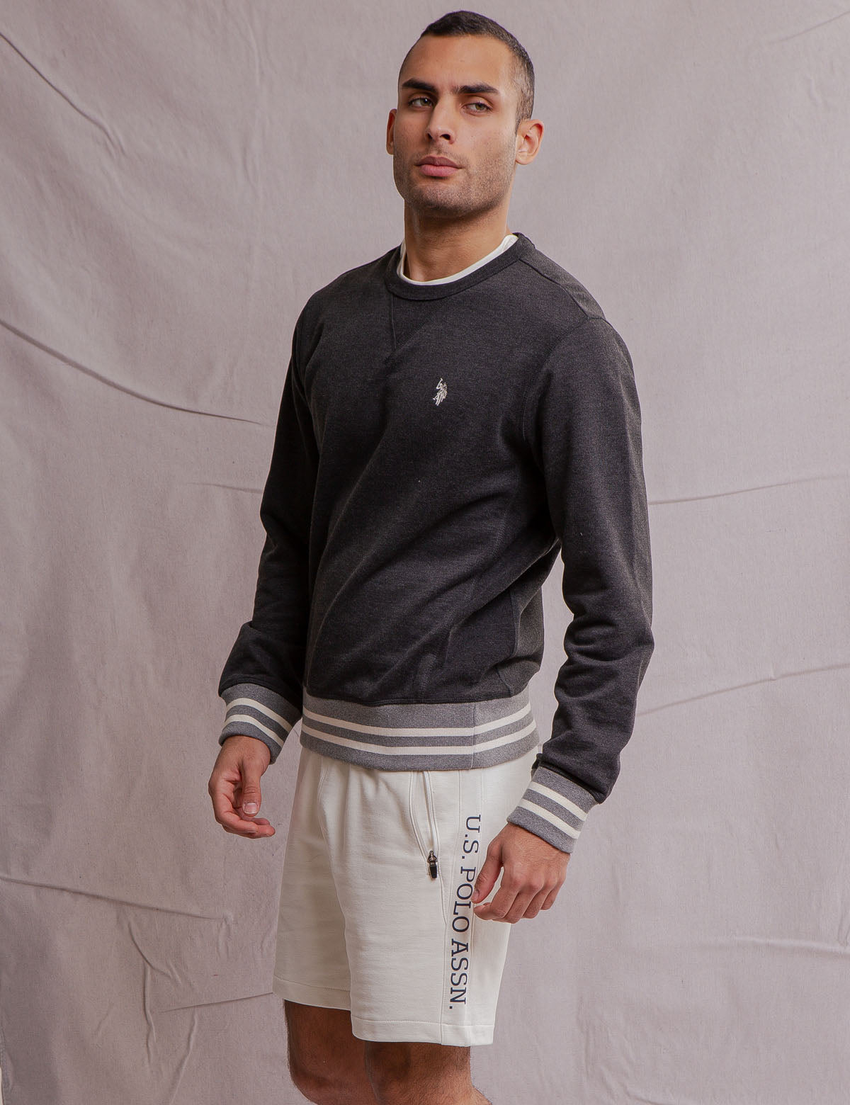 French Terry Crew Neck Pullover with Ribbed Cuffs | White Label