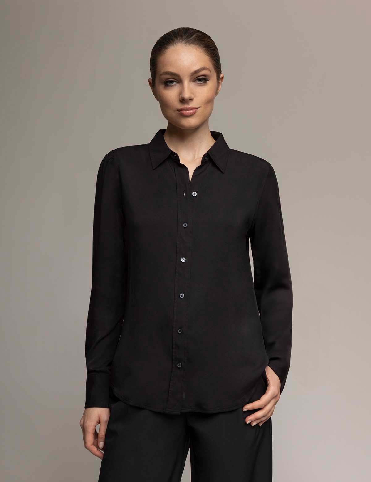 Silk Touch Long Sleeve Shirt with Ruching & Pearl Buttons | White Label