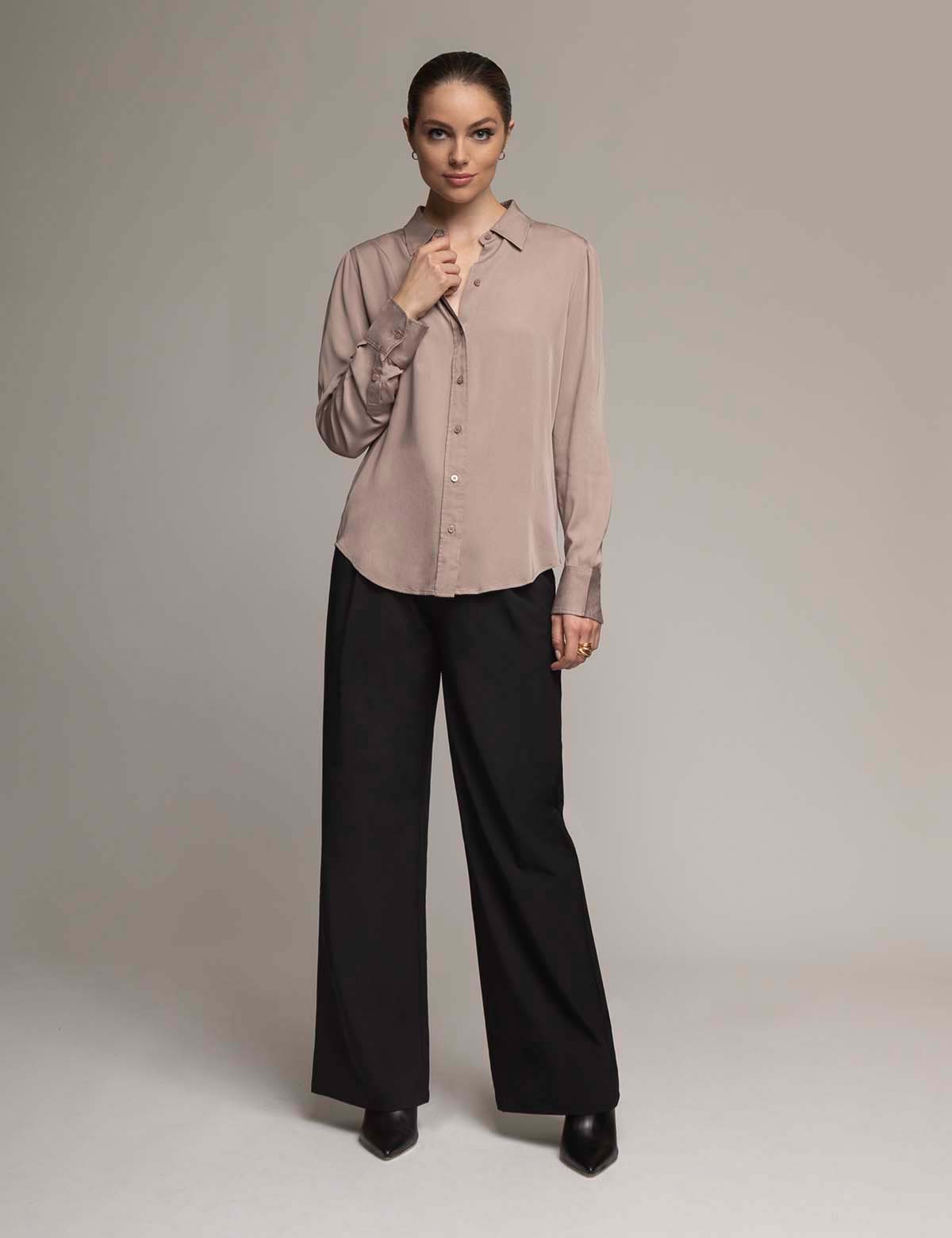 Silk Touch Long Sleeve Shirt with Ruching & Pearl Buttons | White Label