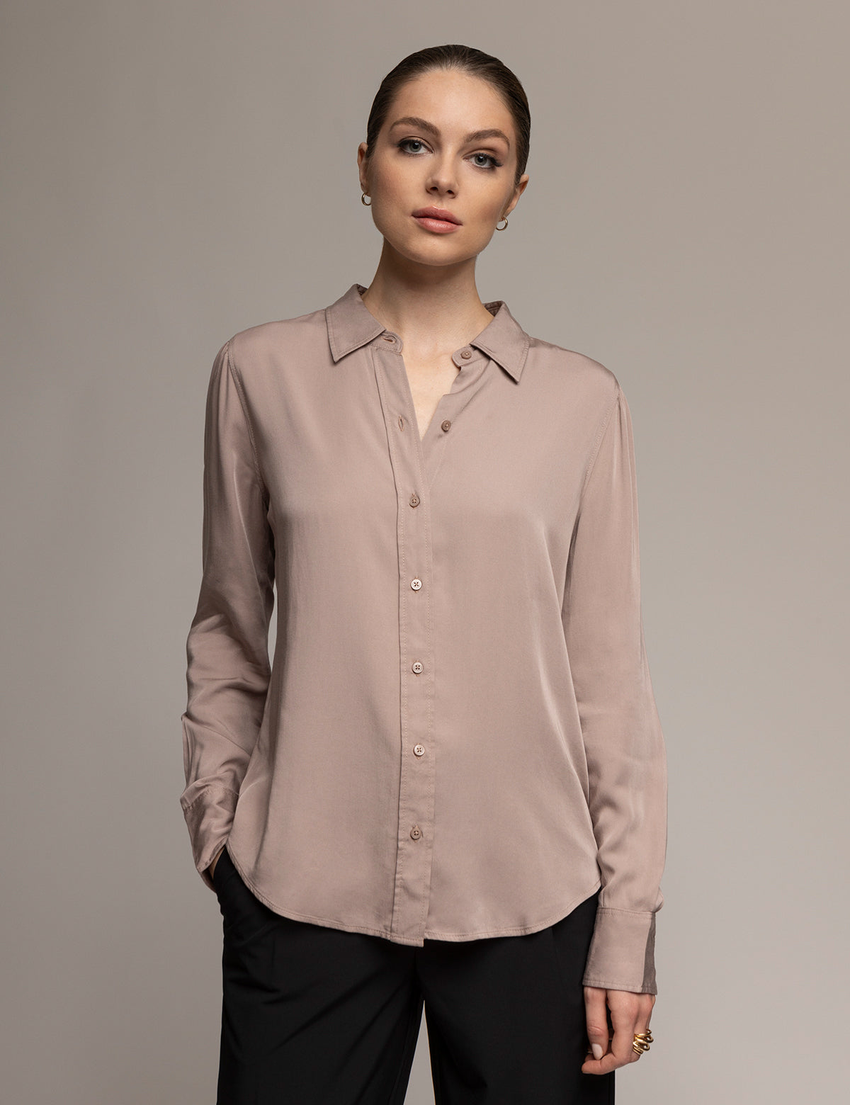 Silk Touch Long Sleeve Shirt with Ruching & Pearl Buttons | White Label