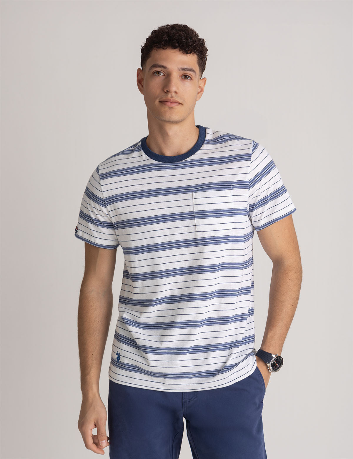 Striped Crew Neck T-Shirt with Pocket | White Label