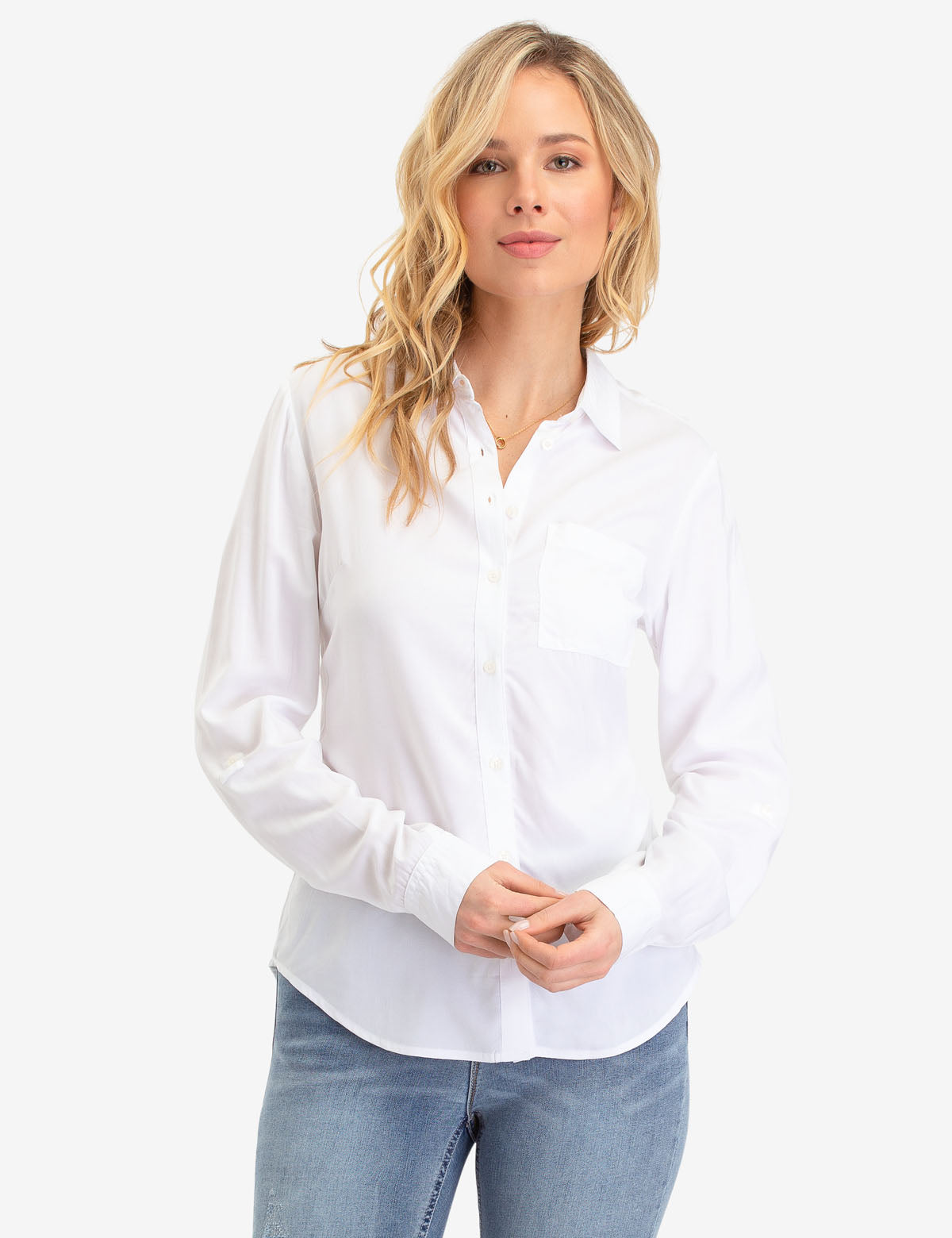 White Lace Back Long Sleeve Shirt with Point Collar & Front Pocket