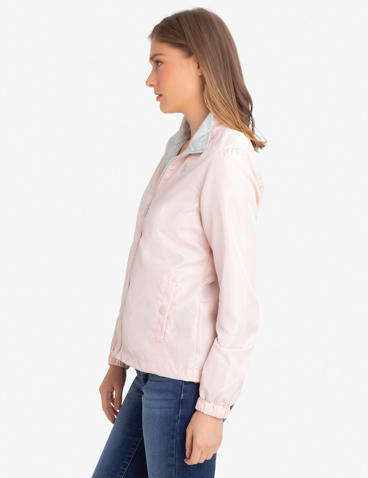 Stand Collar Windbreaker Jacket with Contrast Zipper | 100% Polyester