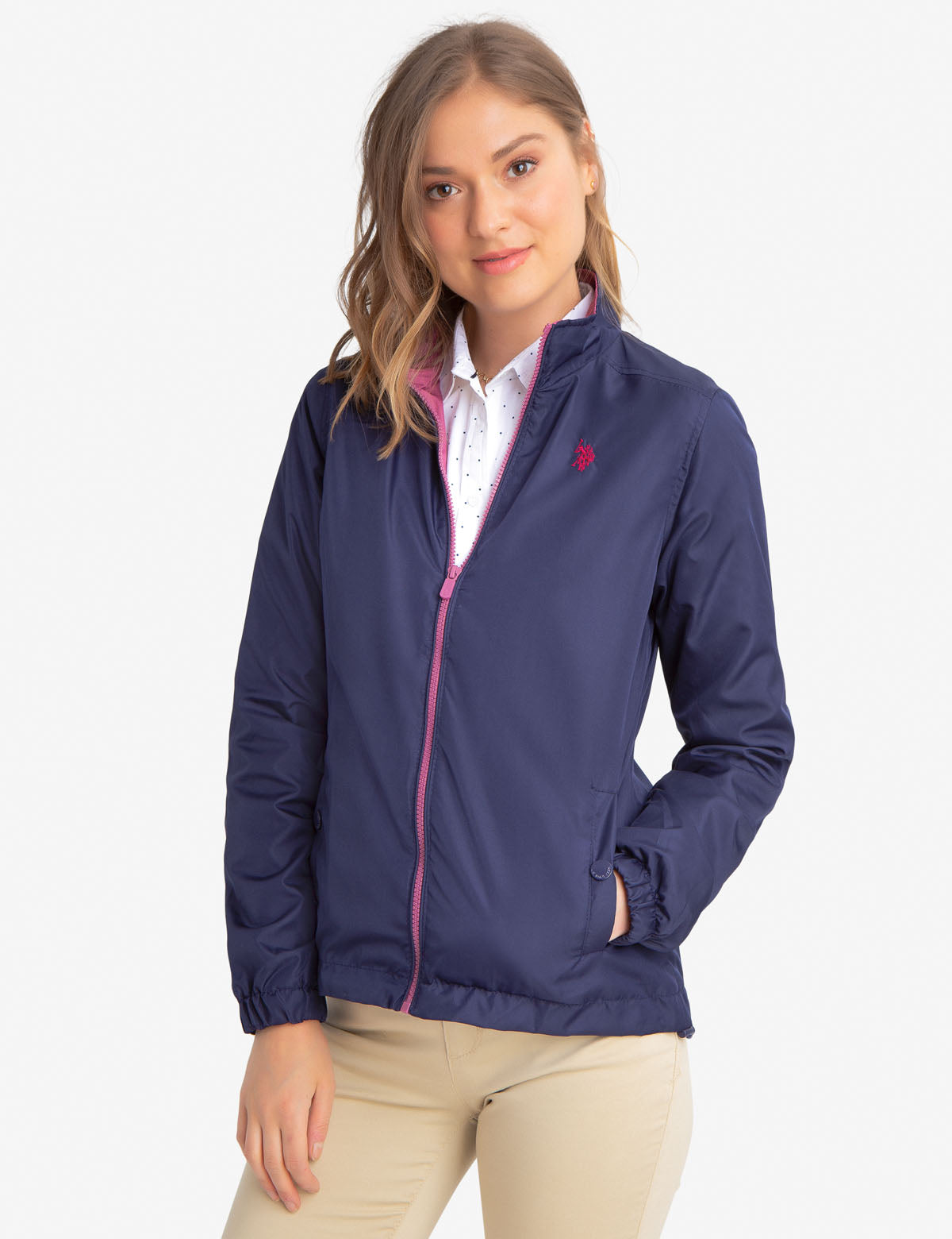 Stand Collar Windbreaker Jacket with Contrast Zipper | 100% Polyester