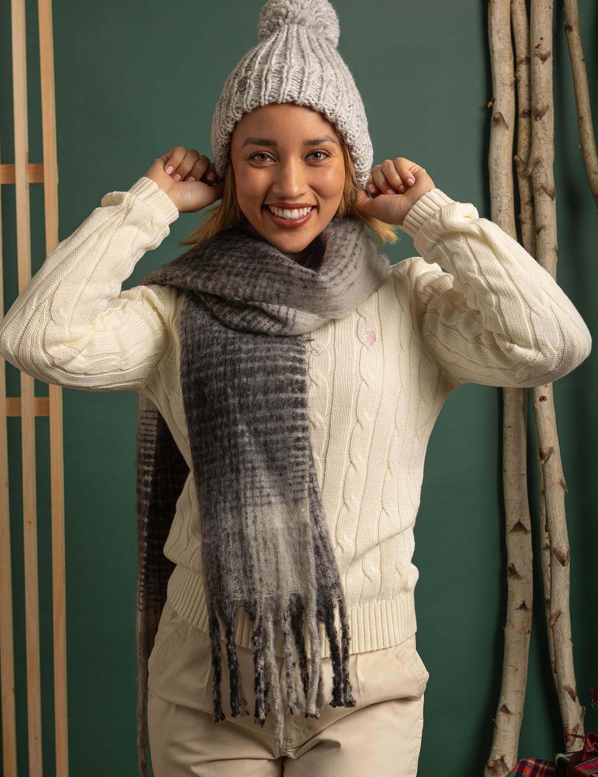 Women's Pom Pom Beanie & Plaid Scarf Set | Winter Accessories