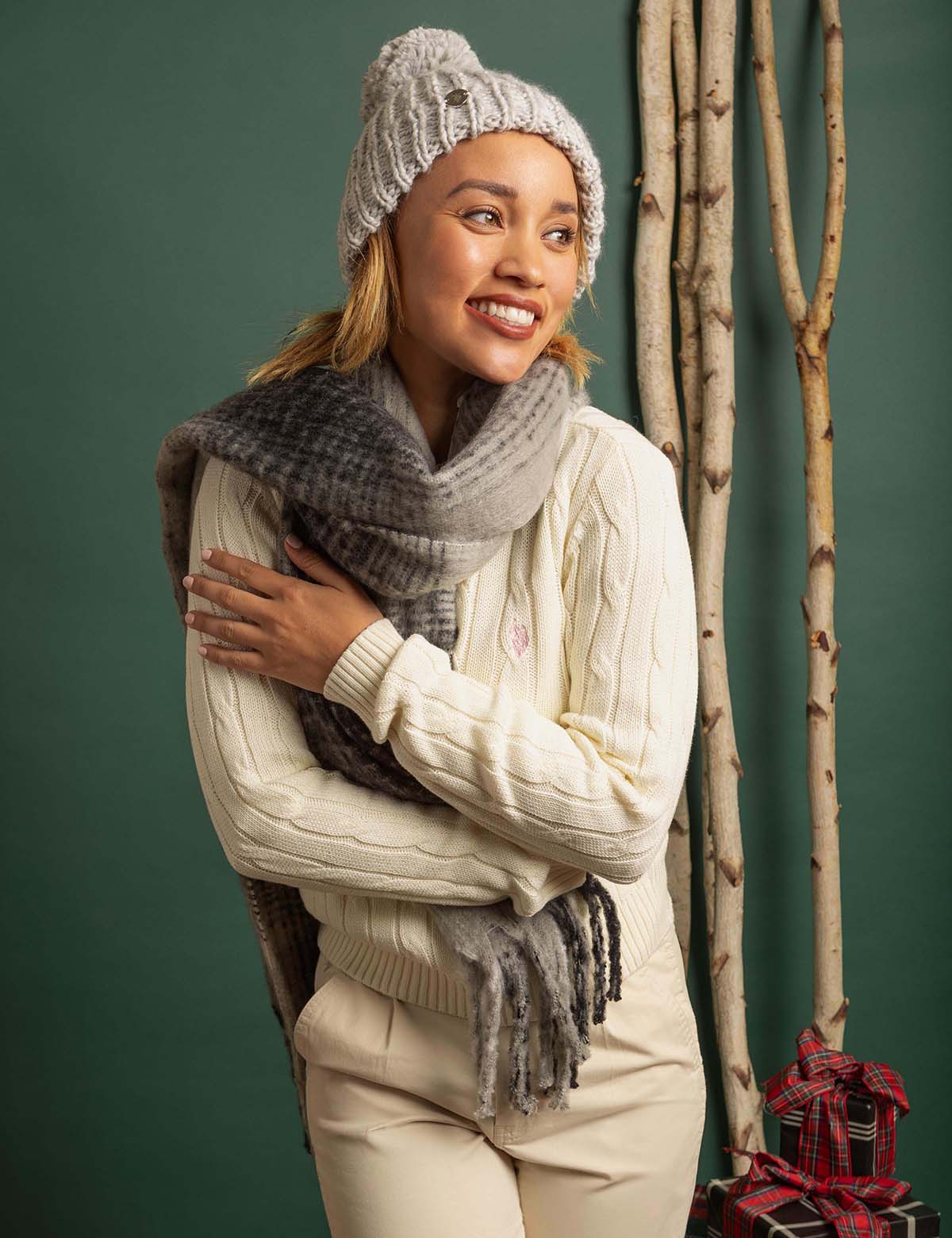 Women's Pom Pom Beanie & Plaid Scarf Set | Winter Accessories