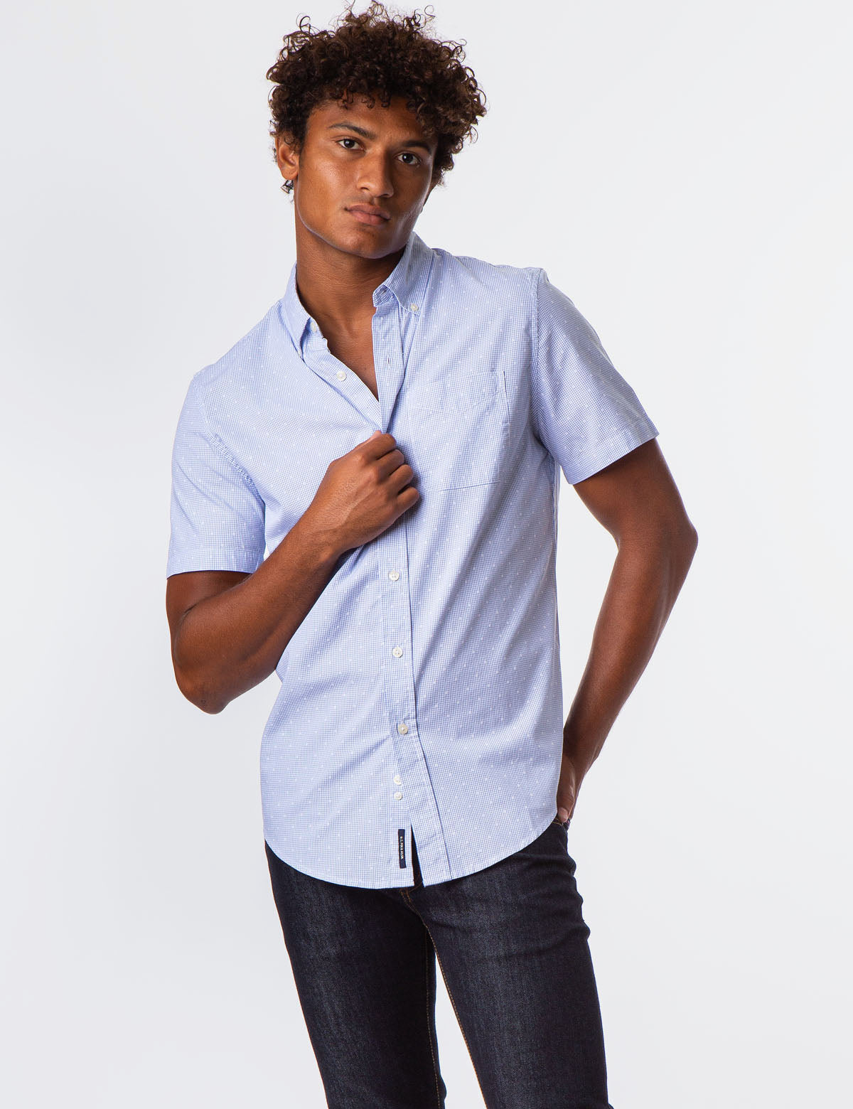 Yarn Dye Check Dobby Shirt with Short Sleeves & Patch Pocket