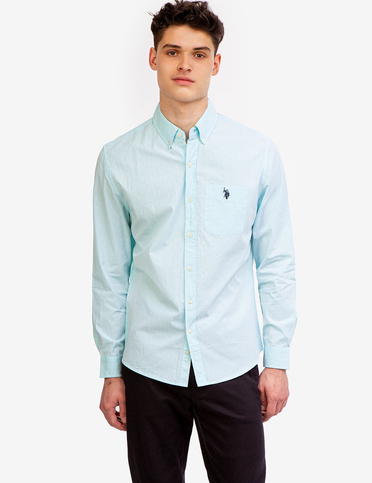 Dot Pattern Cotton Button-Up Shirt with Patch Pocket | Slim Fit