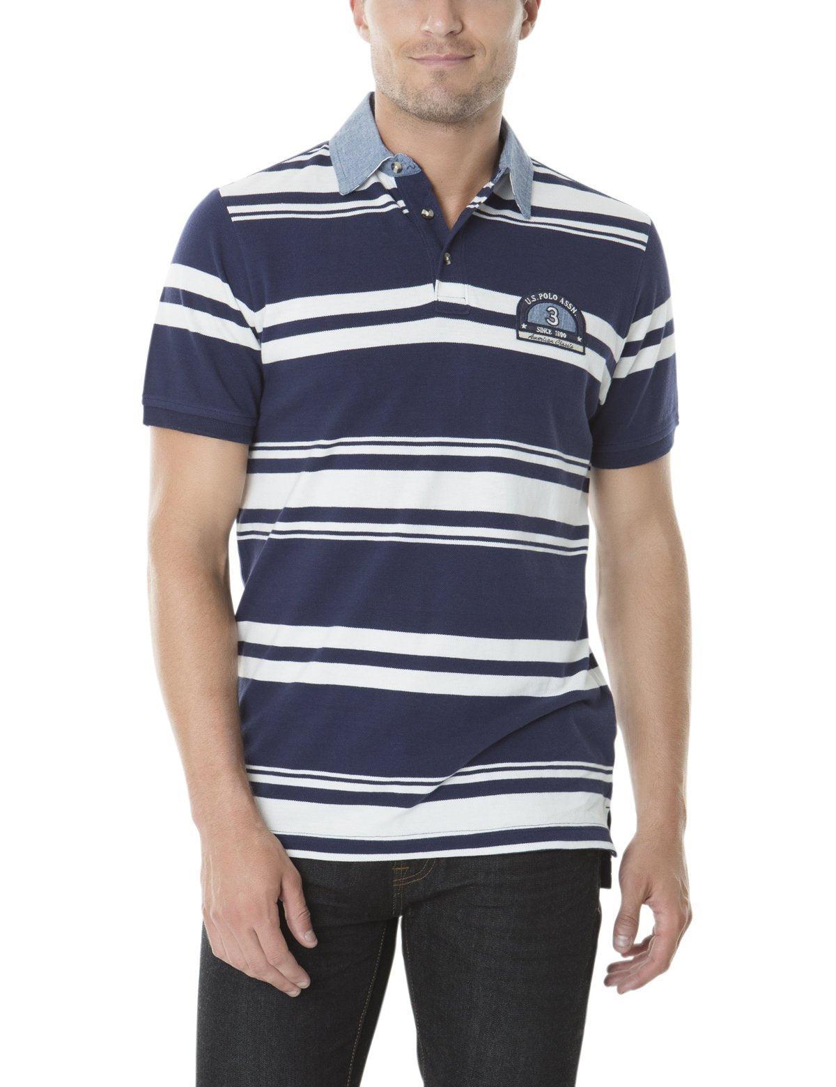 Yarn-Dyed Cotton Polo Shirt with Striped Patch & Chambray Collar | USPA
