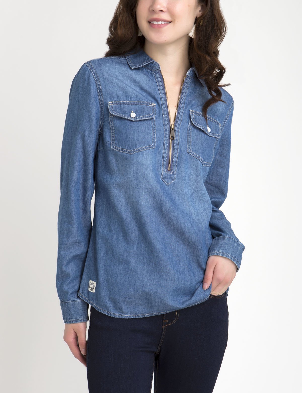 Chambray Shirt with Zip Placket & Roll-Up Cuffs | Casual Popover Style