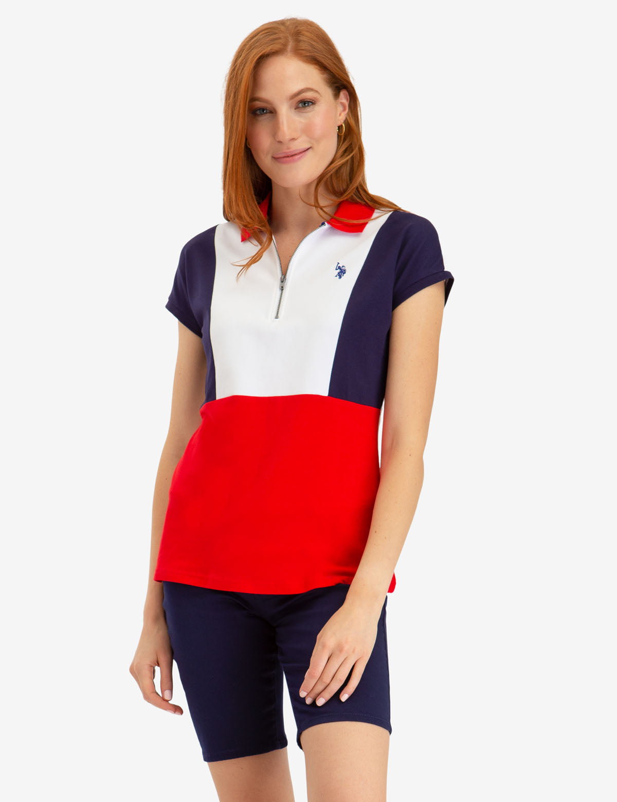 Colorblock Zip-Up Polo Shirt with Contrast Collar | Short Sleeve