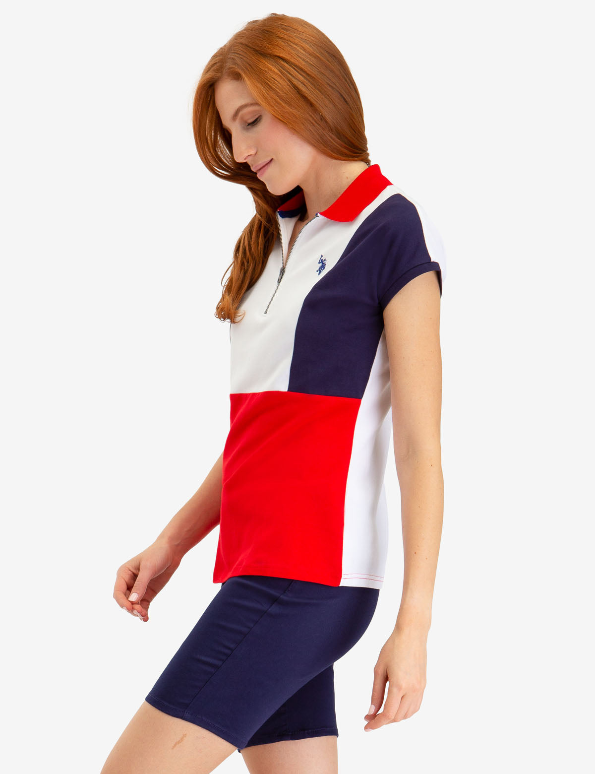 Colorblock Zip-Up Polo Shirt with Contrast Collar | Short Sleeve