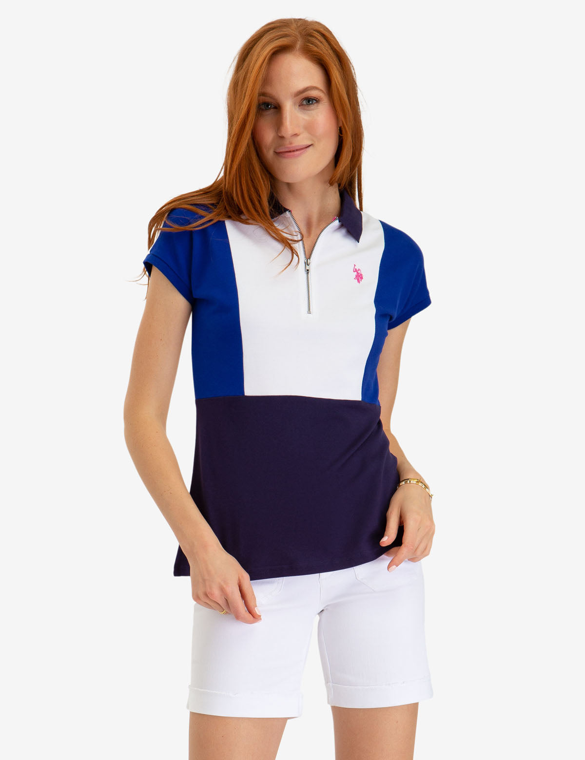 Colorblock Zip-Up Polo Shirt with Contrast Collar | Short Sleeve