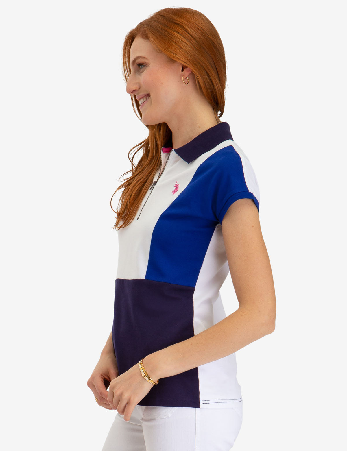 Colorblock Zip-Up Polo Shirt with Contrast Collar | Short Sleeve