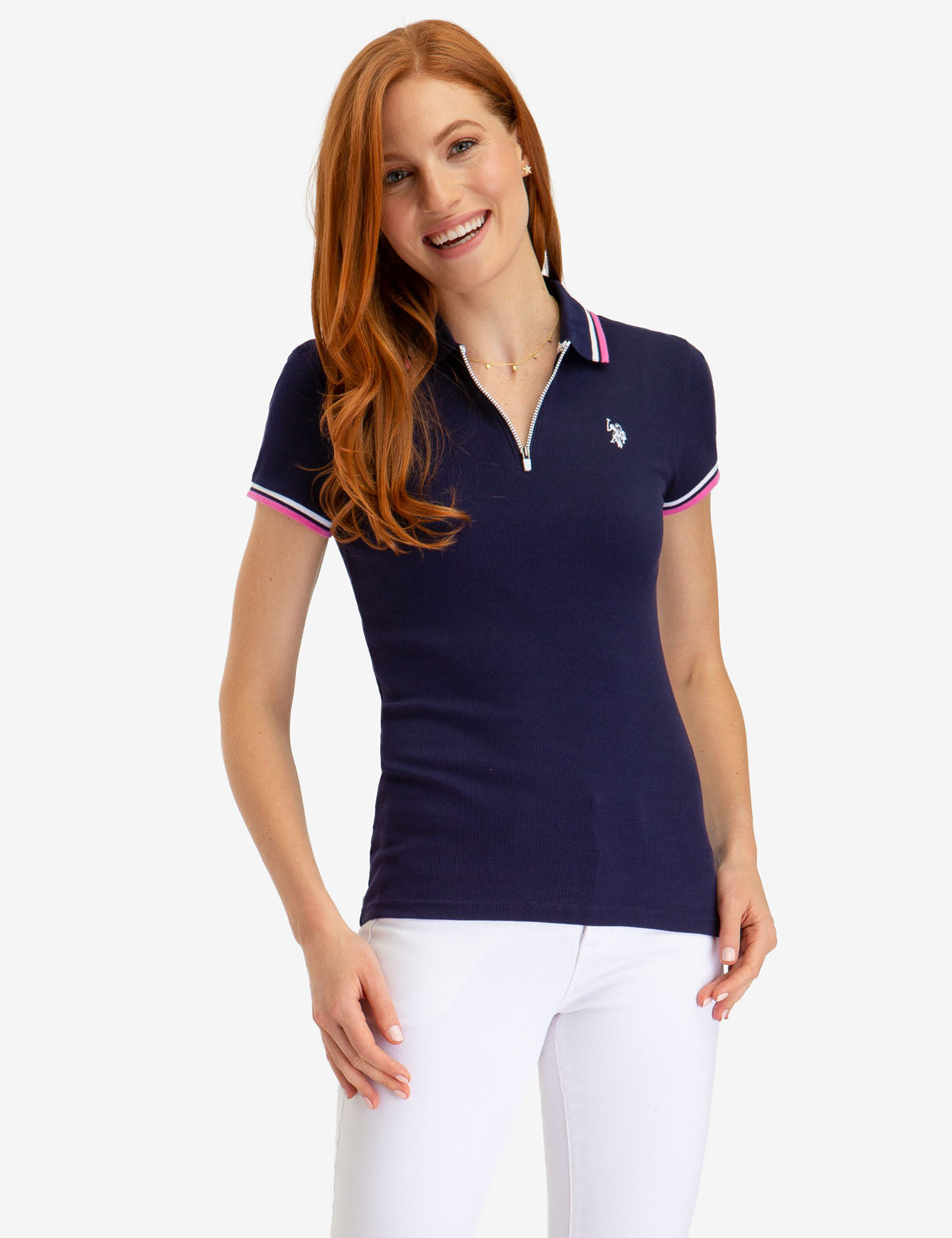 Ribbed Zip-Up Polo Shirt with V-Neck | Short Sleeve Casual Wear