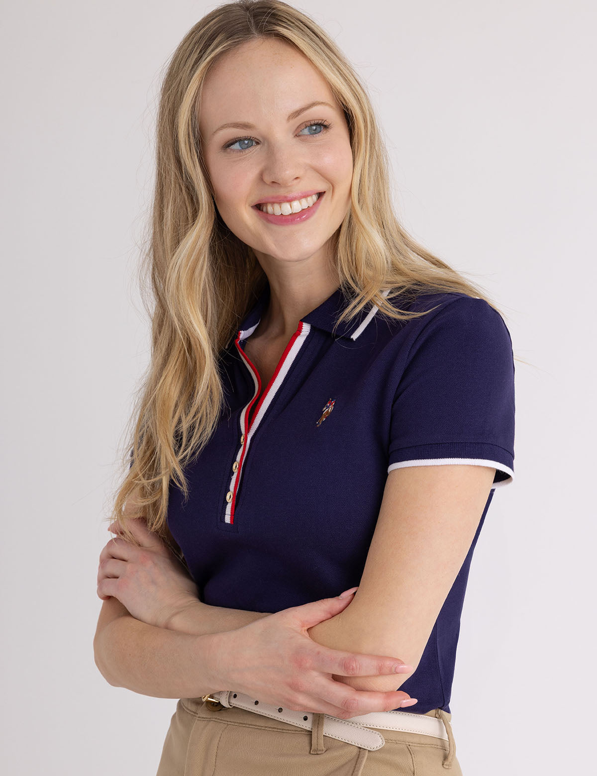 Split Neck Polo Shirt with Americana Trim & Chest Embroidery