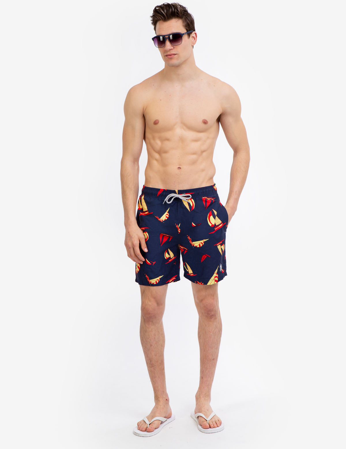 7" Sailboat Print Swim Trunks with Elastic Waistband | Quick-Dry