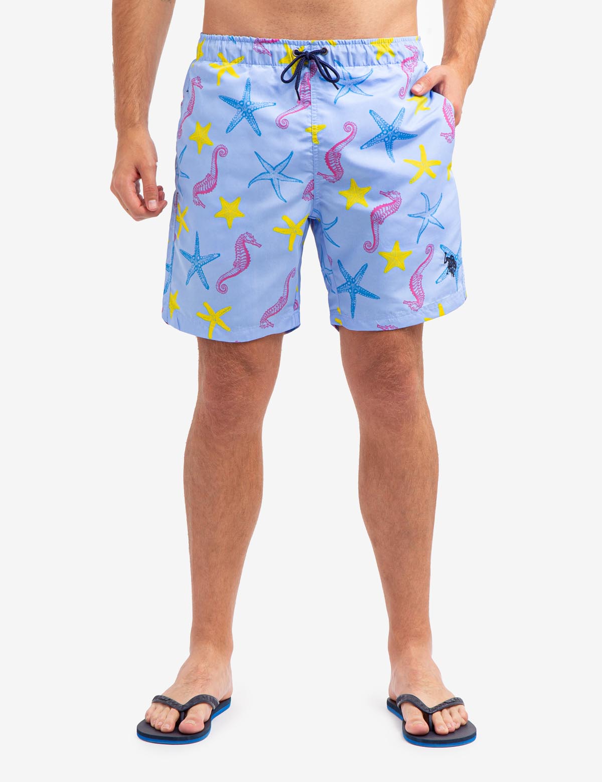 7" Swim Trunks with Seahorse & Starfish Print | Elastic Waistband