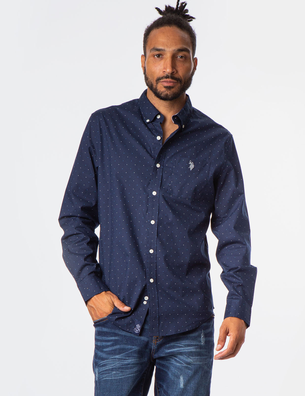 Dot Print Button-Up Shirt with Collar & Pocket | Casual Wear