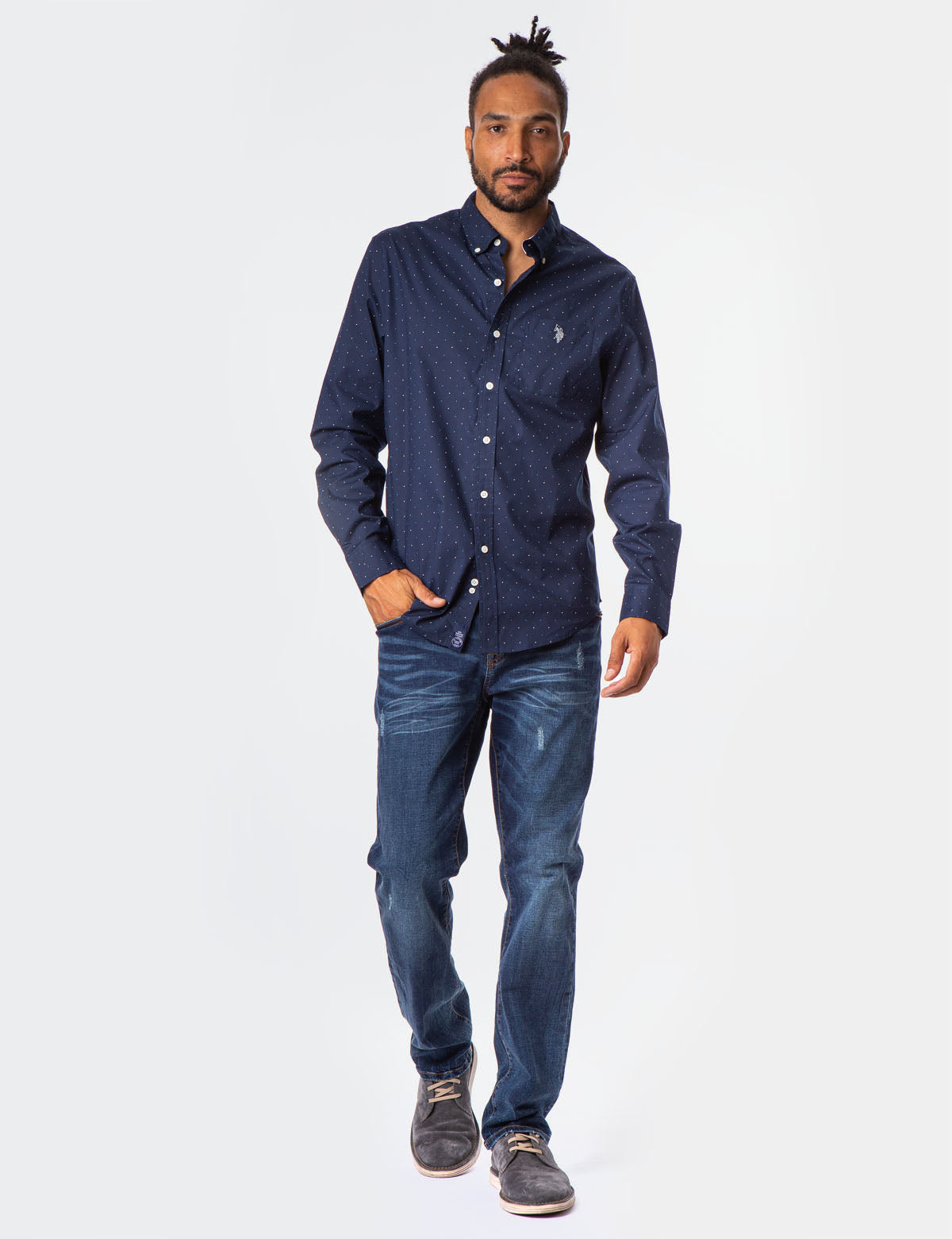 Dot Print Button-Up Shirt with Collar & Pocket | Casual Wear