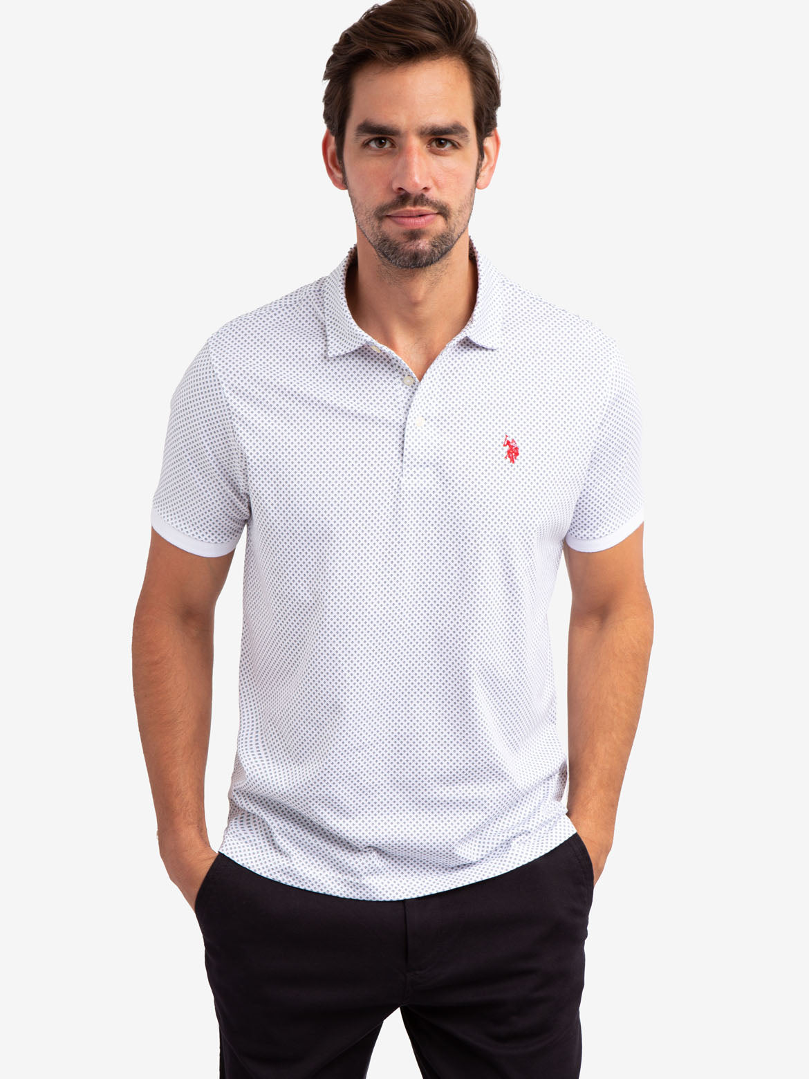 Geo Print Jersey Polo Shirt with Button Placket & Rib Cuffs